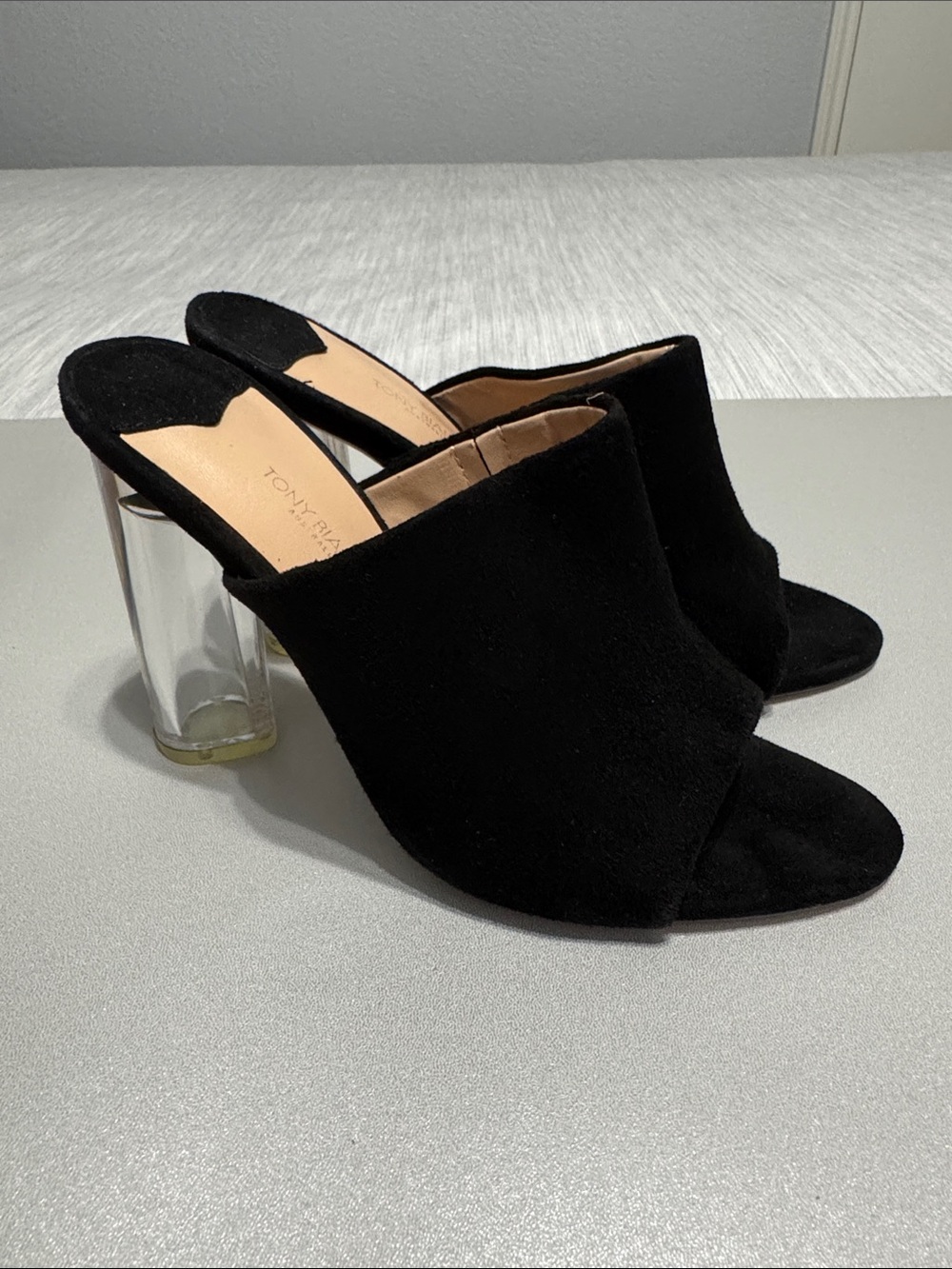 WORN 1x Tony Bianco Takoda Black Suede Heeled Mules Clear Lucite Block Heel Sz 7